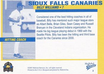 2003 MultiAd Sioux Falls Canaries #2 Billy Williams Back