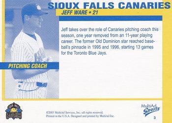 2003 MultiAd Sioux Falls Canaries #3 Jeff Ware Back