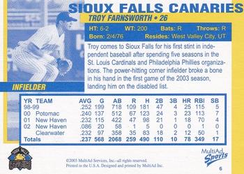 2003 MultiAd Sioux Falls Canaries #6 Troy Farnsworth Back