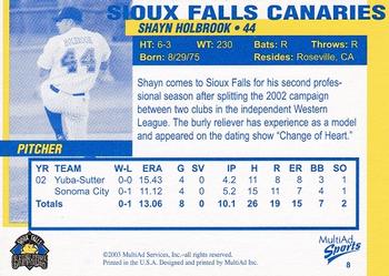 2003 MultiAd Sioux Falls Canaries #8 Shayn Holbrook Back