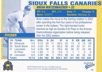 2003 MultiAd Sioux Falls Canaries #12 Brian Matzenbacher Back