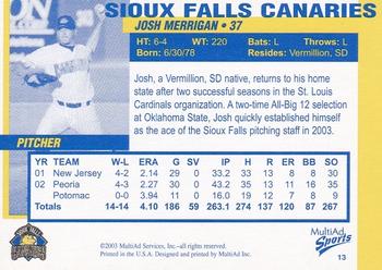 2003 MultiAd Sioux Falls Canaries #13 Josh Merrigan Back