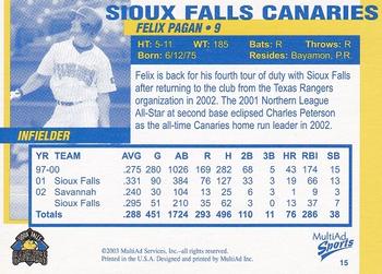 2003 MultiAd Sioux Falls Canaries #15 Felix Pagan Back