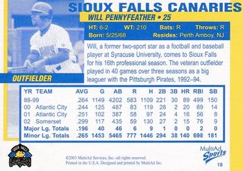 2003 MultiAd Sioux Falls Canaries #18 Will Pennyfeather Back
