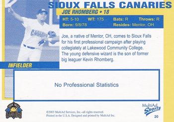 2003 MultiAd Sioux Falls Canaries #20 Joe Rhomberg Back