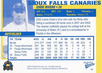 2003 MultiAd Sioux Falls Canaries #21 Eddie Rivero Back