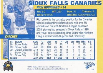 2003 MultiAd Sioux Falls Canaries #22 Rich Rodrigues Back