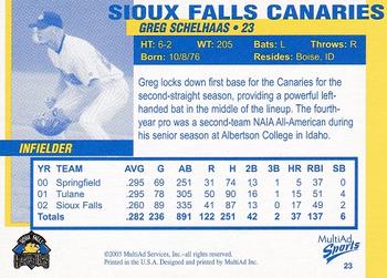 2003 MultiAd Sioux Falls Canaries #23 Greg Schelhaas Back