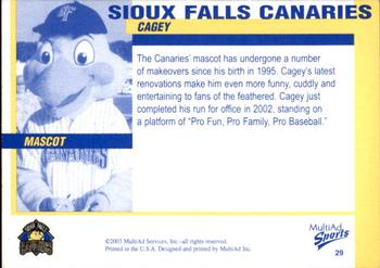 2003 MultiAd Sioux Falls Canaries #29 Cagey Back
