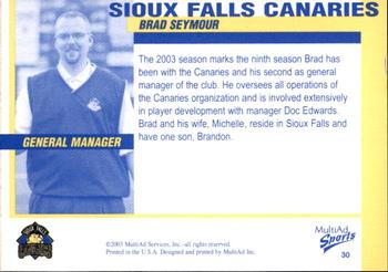 2003 MultiAd Sioux Falls Canaries #30 Brad Seymour Back
