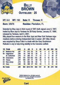 2004 MultiAd Sioux Falls Canaries #5 Billy Brown Back