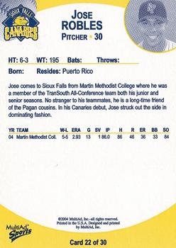 2004 MultiAd Sioux Falls Canaries #22 Jose Robles Back