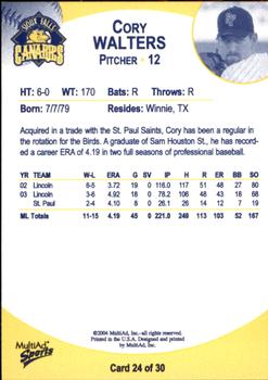 2004 MultiAd Sioux Falls Canaries #24 Cory Walters Back