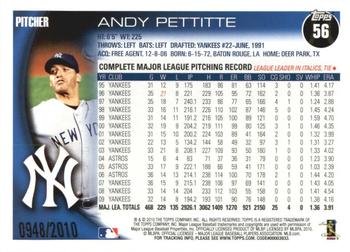 2010 Topps - Gold #56 Andy Pettitte Back