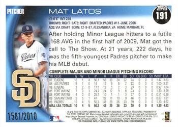 2010 Topps - Gold #191 Mat Latos Back