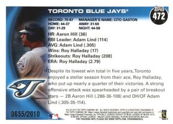 2010 Topps - Gold #472 Toronto Blue Jays Back