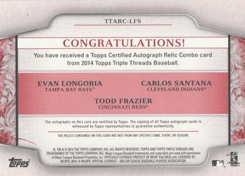 2014 Topps Triple Threads - Autograph Relic Combos Double Ruby #TTARC-LFS Carlos Santana / Evan Longoria / Todd Frazier Back