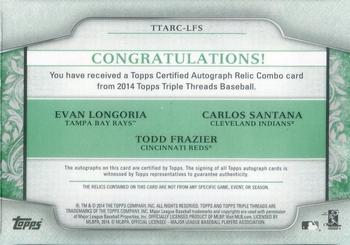 2014 Topps Triple Threads - Autograph Relic Combos Emerald #TTARC-LFS Carlos Santana / Evan Longoria / Todd Frazier Back