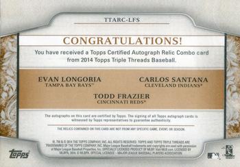 2014 Topps Triple Threads - Autograph Relic Combos Sepia #TTARC-LFS Carlos Santana / Evan Longoria / Todd Frazier Back
