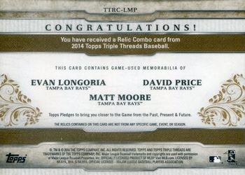 2014 Topps Triple Threads - Relic Combos Gold #TTRC-LMP David Price / Evan Longoria / Matt Moore Back