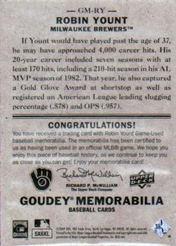 2009 Upper Deck Goudey - Memorabilia #GM-RY Robin Yount Back