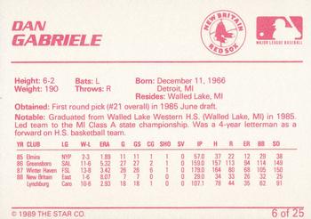 1989 Star New Britain Red Sox - Platinum #6 Dan Gabriele Back