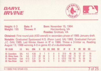 1989 Star New Britain Red Sox - Platinum #7 Daryl Irvine Back