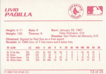 1989 Star New Britain Red Sox - Platinum #13 Livio Padilla Back