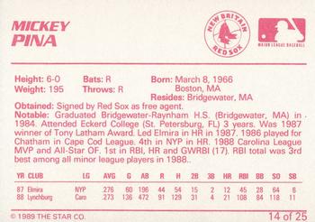1989 Star New Britain Red Sox - Platinum #14 Mickey Pina Back