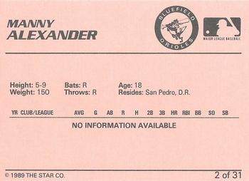 1989 Star Bluefield Orioles - Platinum #2 Manny Alexander Back