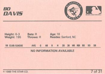 1989 Star Bluefield Orioles - Platinum #7 Bo Davis Back
