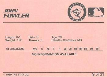 1989 Star Bluefield Orioles - Platinum #9 John Fowler Back