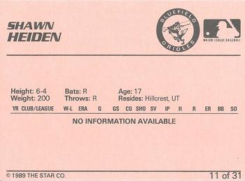 1989 Star Bluefield Orioles - Platinum #11 Shawn Heiden Back