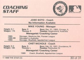 1989 Star Bluefield Orioles - Platinum #30 Mike Young / Jose Soto  / Chet Nichols  Back