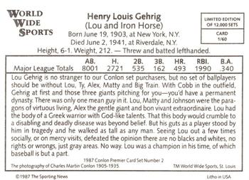 1987 Conlon World Wide Sports Series 2 #1 Lou Gehrig Back