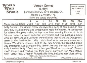 1987 Conlon World Wide Sports Series 2 #2 Lefty Gomez Back