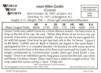 1987 Conlon World Wide Sports Series 2 #38 Goose Goslin Back