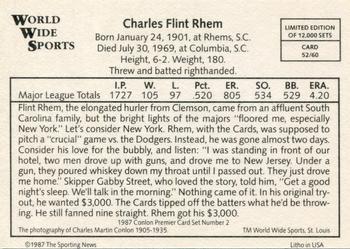 1987 Conlon World Wide Sports Series 2 #52 Flint Rhem Back