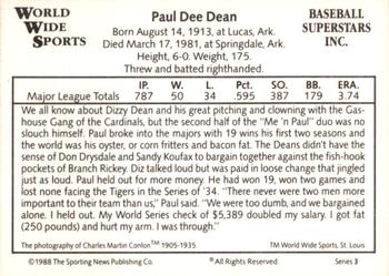 1988 Conlon World Wide Sports Series 3 #NNO Paul Dean Back