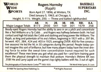 1988 Conlon World Wide Sports Series 3 #NNO Rogers Hornsby Back