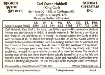 1988 Conlon World Wide Sports Series 3 #NNO Carl Hubbell Back