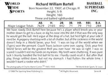 1988 Conlon World Wide Sports Series 4 #NNO Dick Bartell Back