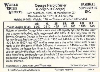 1988 Conlon World Wide Sports Series 4 #NNO George Sisler Back