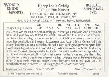 1988 Conlon World Wide Sports Series 5 #NNO Lou Gehrig Back