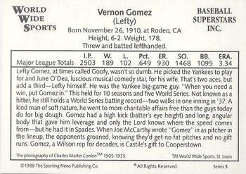 1988 Conlon World Wide Sports Series 5 #NNO Lefty Gomez Back