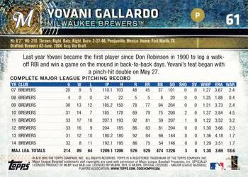 2015 Topps Opening Day #61 Yovani Gallardo Back