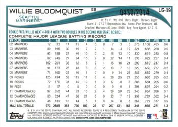 2014 Topps Update - Gold #US-49 Willie Bloomquist Back