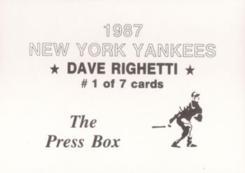 1987 The Press Box New York Yankees (unlicensed) #1 Dave Righetti Back