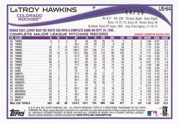 2014 Topps Update - Pink #US-64 LaTroy Hawkins Back