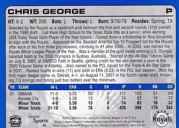 2002 MultiAd Omaha Royals #10 Chris George Back